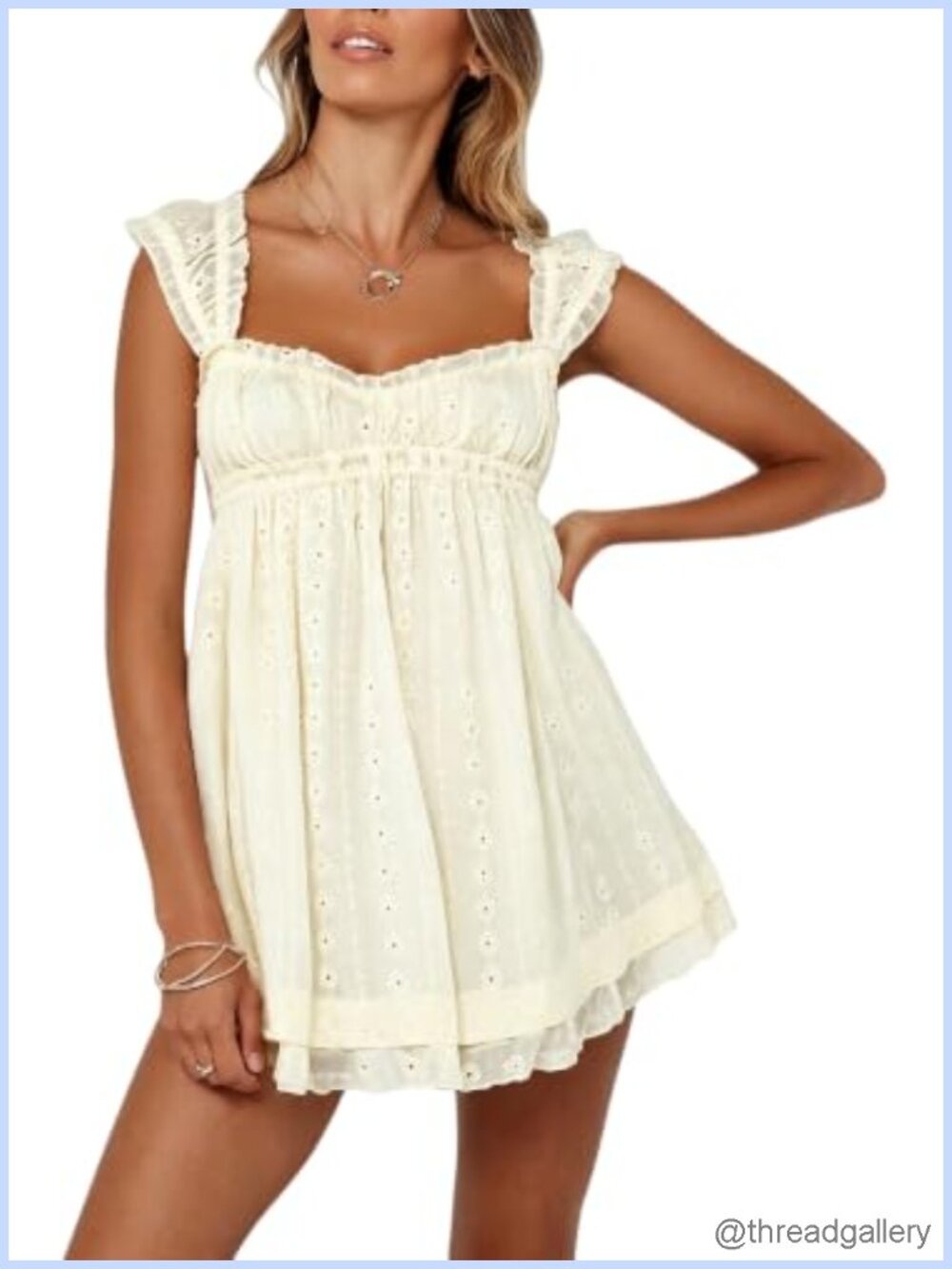 Sleeveless Mini Sundress Floral Embroidery Elastic Waist A-Line Square Neck